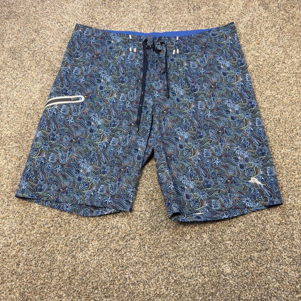 Tommy Bahama Mens 35 Board Shorts Blue Tiki Tropical Print Swim Trunks 9 Inseam